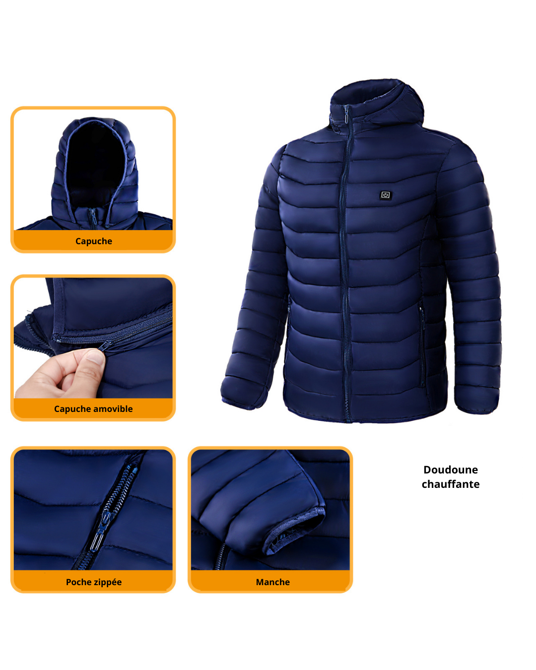 Doudoune chauffante, manteau chauffant électrique, capuche isolée, coupe-vent